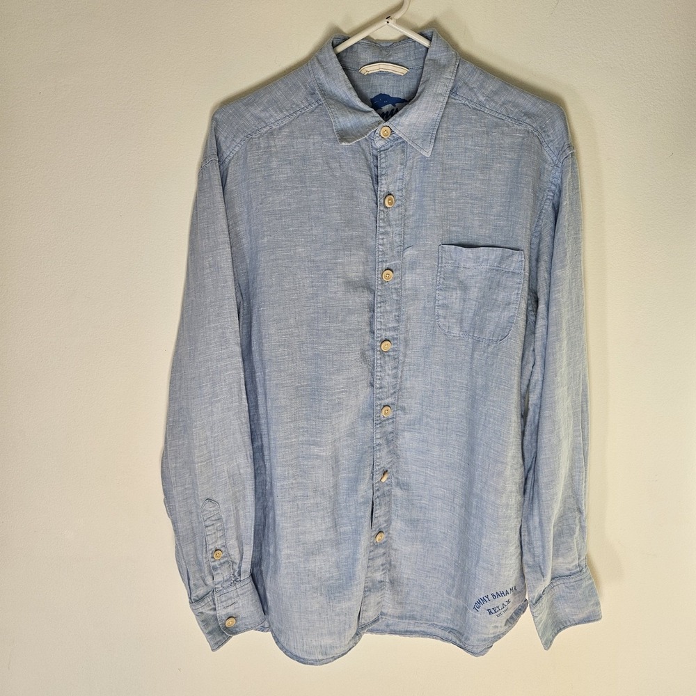 Tommy Bahama Relax Men's Button Front Shirt Blue Linen Long Sleeve Size M Soft